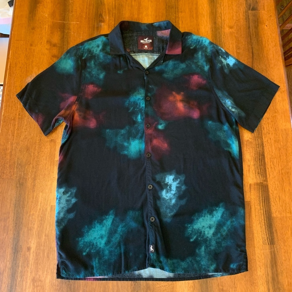 Hollister Men's Shirt Large Black Teal Red Tie-Dye Button Up Short Sleeve Casual